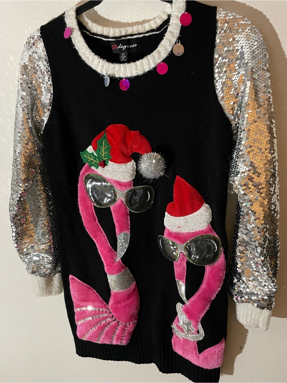 32 Degrees Black Sweater with Pink Flamingo Appliqués and Silver Sequin Sleeves